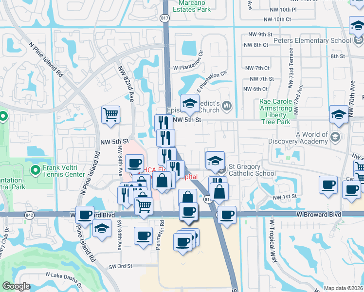 map of restaurants, bars, coffee shops, grocery stores, and more near in Plantation