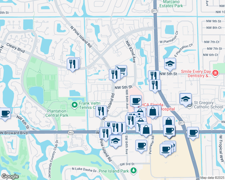 map of restaurants, bars, coffee shops, grocery stores, and more near 485 North Pine Island Road in Plantation