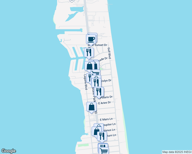 map of restaurants, bars, coffee shops, grocery stores, and more near 104 East Carolyn Drive in South Padre Island