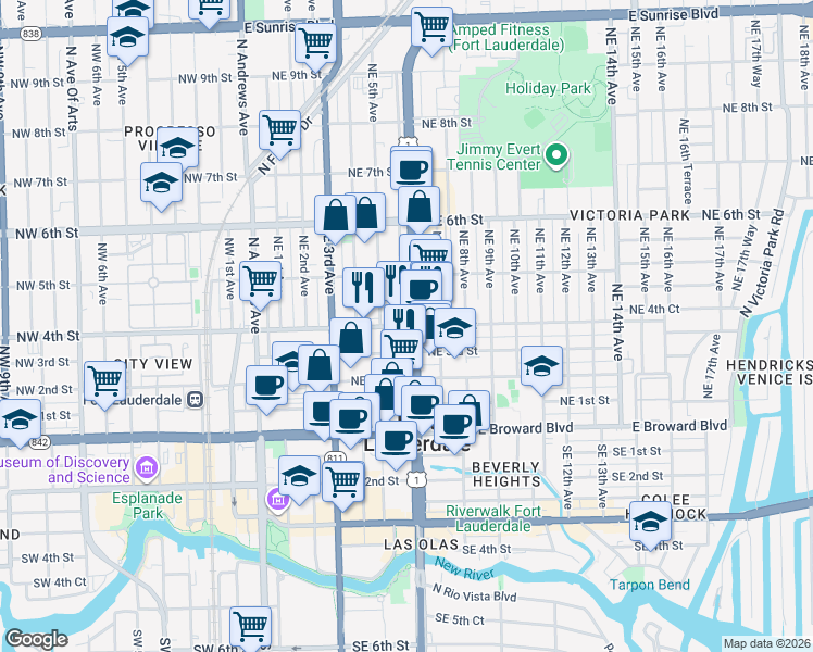 map of restaurants, bars, coffee shops, grocery stores, and more near 551 Northeast 4th Street in Fort Lauderdale
