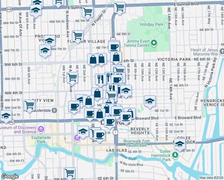 map of restaurants, bars, coffee shops, grocery stores, and more near 531 Northeast 4th Street in Fort Lauderdale