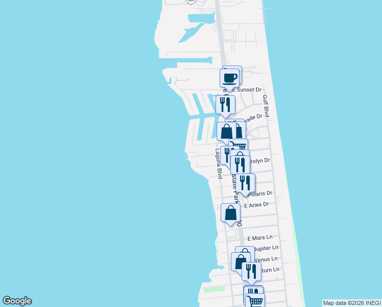 map of restaurants, bars, coffee shops, grocery stores, and more near 221 West Cora Lee Drive in South Padre Island