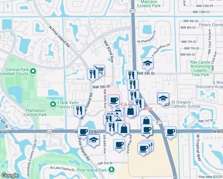 map of restaurants, bars, coffee shops, grocery stores, and more near 350 Northwest 84th Avenue in Plantation
