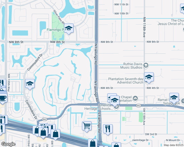 map of restaurants, bars, coffee shops, grocery stores, and more near 316 North Flamingo Road in Sunrise