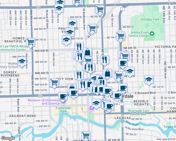 map of restaurants, bars, coffee shops, grocery stores, and more near 300 North Andrews Avenue in Fort Lauderdale