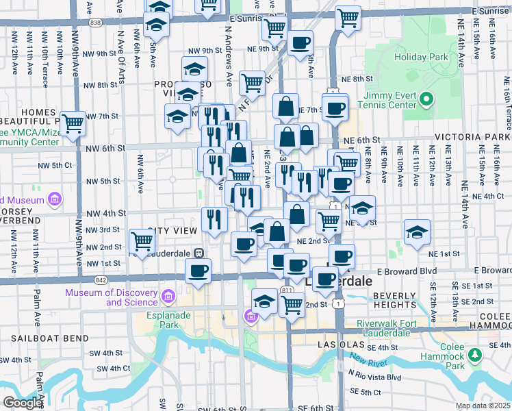 map of restaurants, bars, coffee shops, grocery stores, and more near 425 Northeast 2nd Avenue in Fort Lauderdale