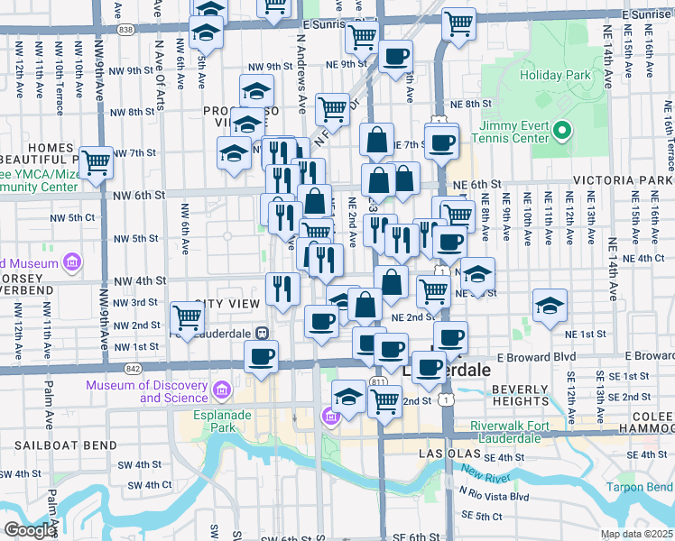 map of restaurants, bars, coffee shops, grocery stores, and more near 425 Northeast 2nd Avenue in Fort Lauderdale