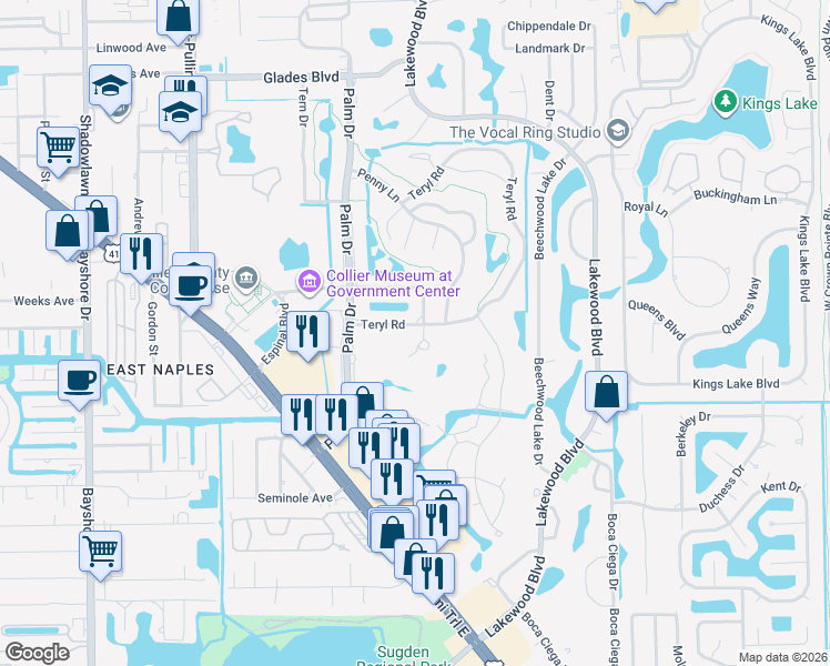 map of restaurants, bars, coffee shops, grocery stores, and more near 195 Harrison Road in Naples