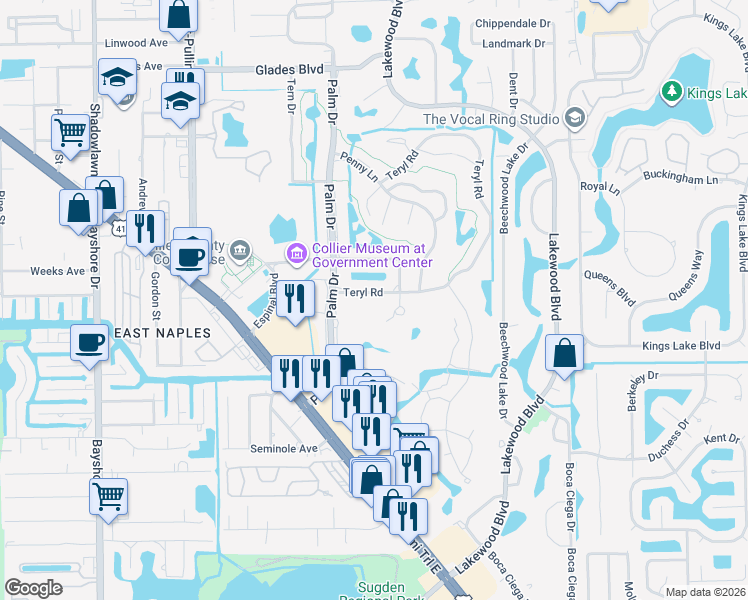 map of restaurants, bars, coffee shops, grocery stores, and more near 131 Teryl Road in Naples