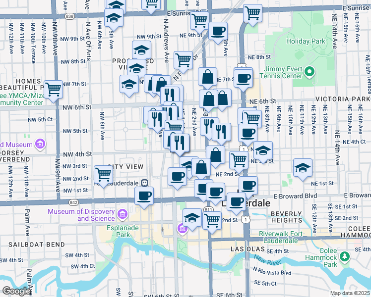 map of restaurants, bars, coffee shops, grocery stores, and more near 425 Northeast 2nd Avenue in Fort Lauderdale
