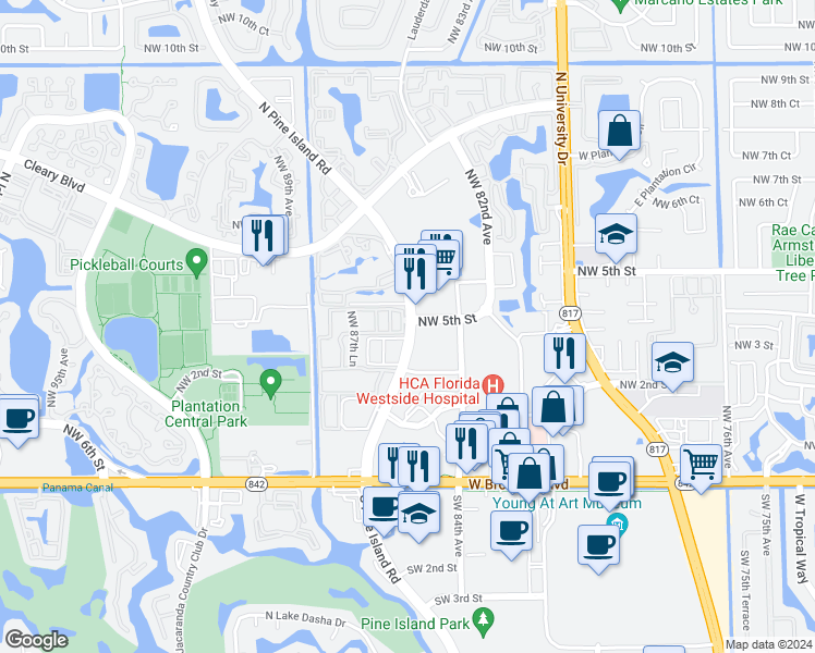 map of restaurants, bars, coffee shops, grocery stores, and more near 517 North Pine Island Road in Plantation