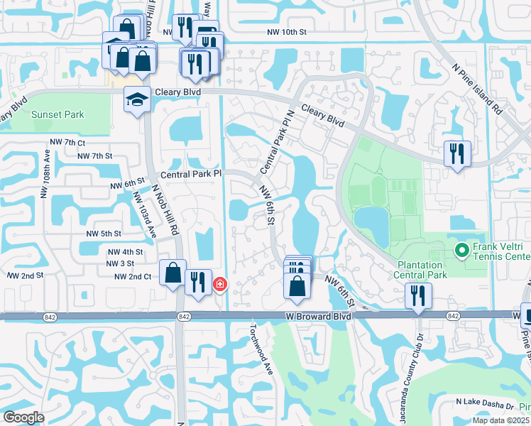map of restaurants, bars, coffee shops, grocery stores, and more near 502 Central Park Place in Plantation