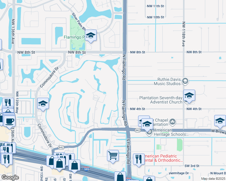 map of restaurants, bars, coffee shops, grocery stores, and more near 601 North Flamingo Road in Fort Lauderdale