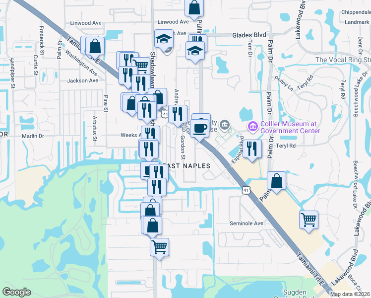 map of restaurants, bars, coffee shops, grocery stores, and more near 2824 Gordon Street in Naples