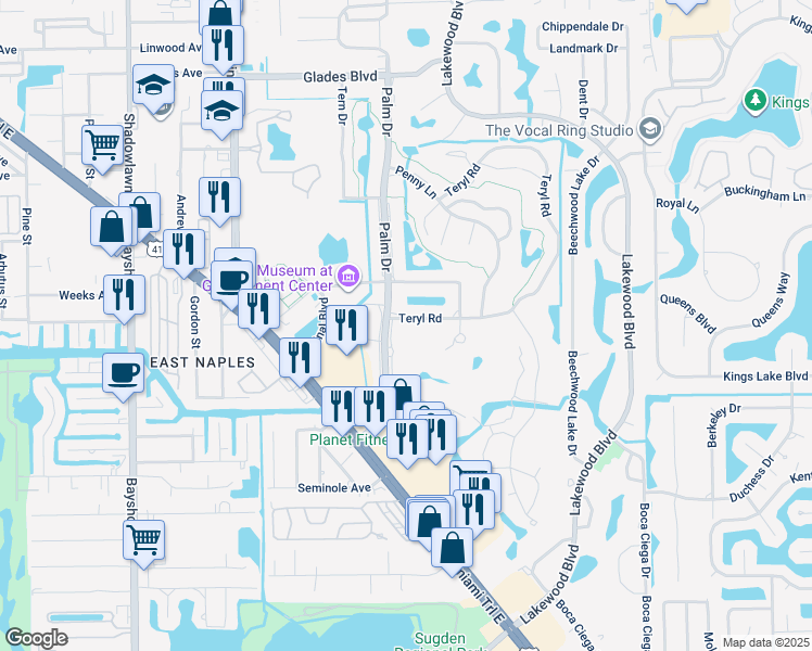 map of restaurants, bars, coffee shops, grocery stores, and more near 150 Teryl Road in Naples