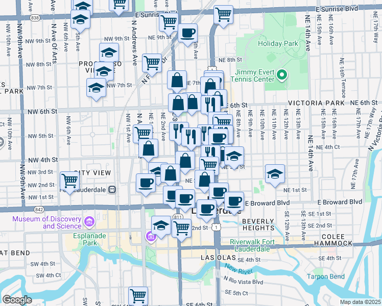 map of restaurants, bars, coffee shops, grocery stores, and more near 440 Northeast 4th Avenue in Fort Lauderdale