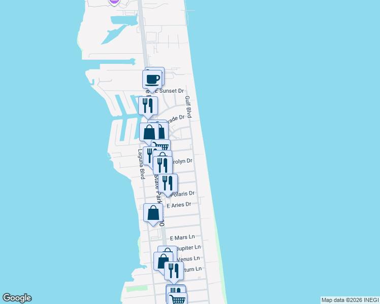 map of restaurants, bars, coffee shops, grocery stores, and more near 123 East Morningside Drive in South Padre Island