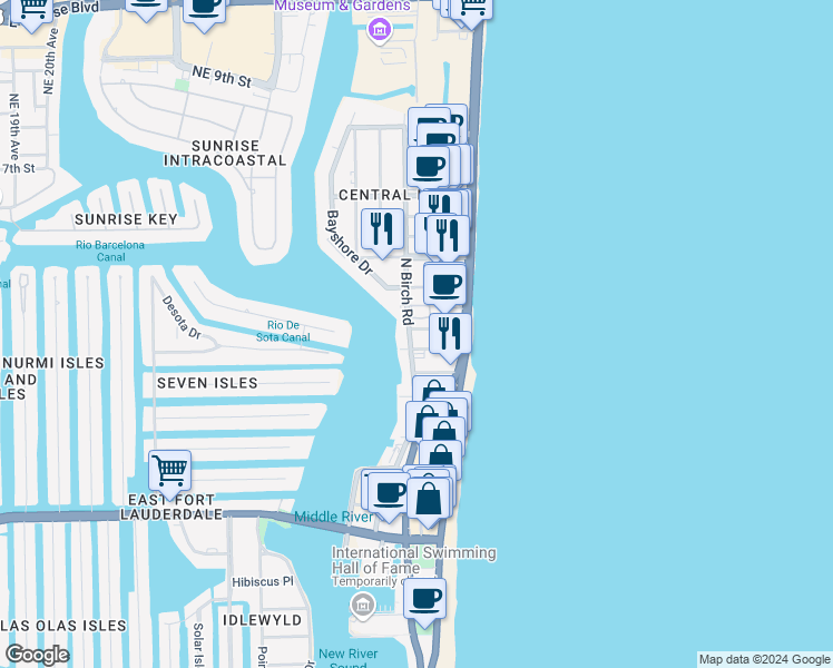 map of restaurants, bars, coffee shops, grocery stores, and more near 329 North Birch Road in Fort Lauderdale