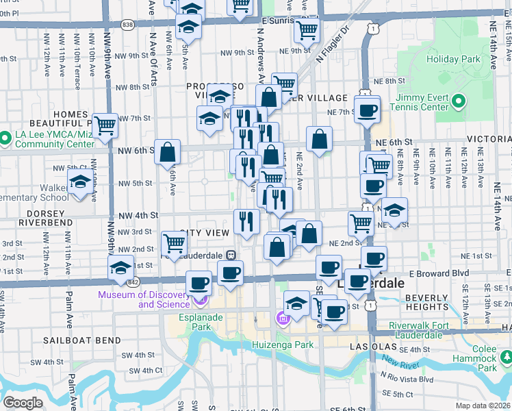 map of restaurants, bars, coffee shops, grocery stores, and more near 429 Northwest 1st Avenue in Fort Lauderdale