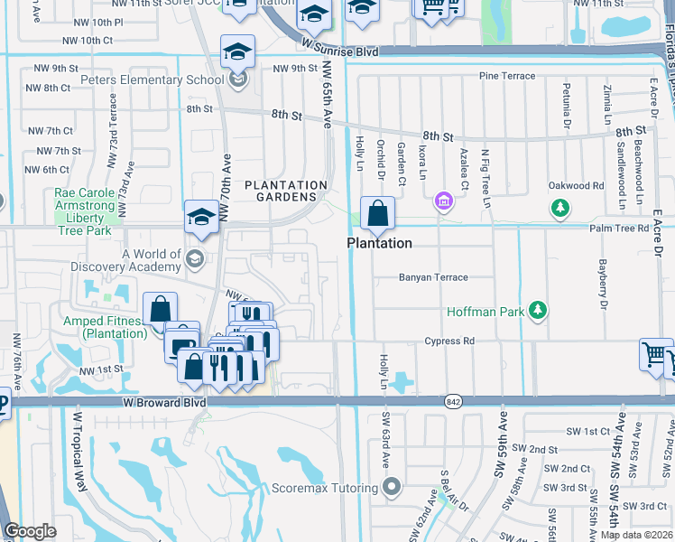 map of restaurants, bars, coffee shops, grocery stores, and more near 442 Northwest 65th Avenue in Plantation
