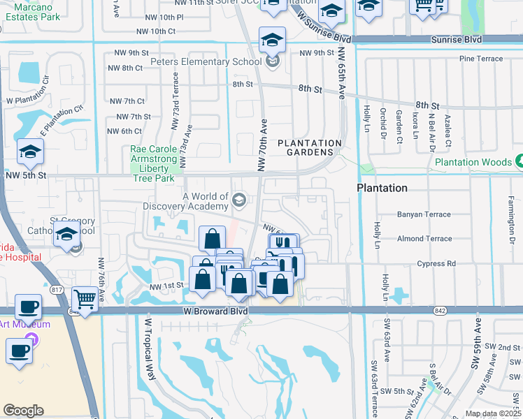 map of restaurants, bars, coffee shops, grocery stores, and more near 499 Northwest 70th Avenue in Plantation