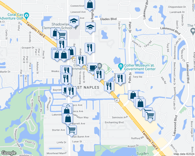 map of restaurants, bars, coffee shops, grocery stores, and more near 3260 Tamiami Trail East in Naples