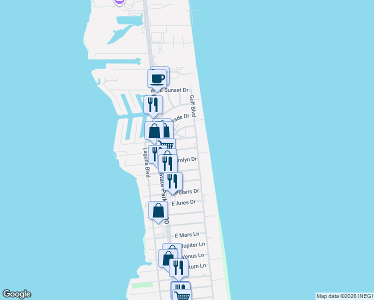 map of restaurants, bars, coffee shops, grocery stores, and more near 123 East Morningside Drive in South Padre Island