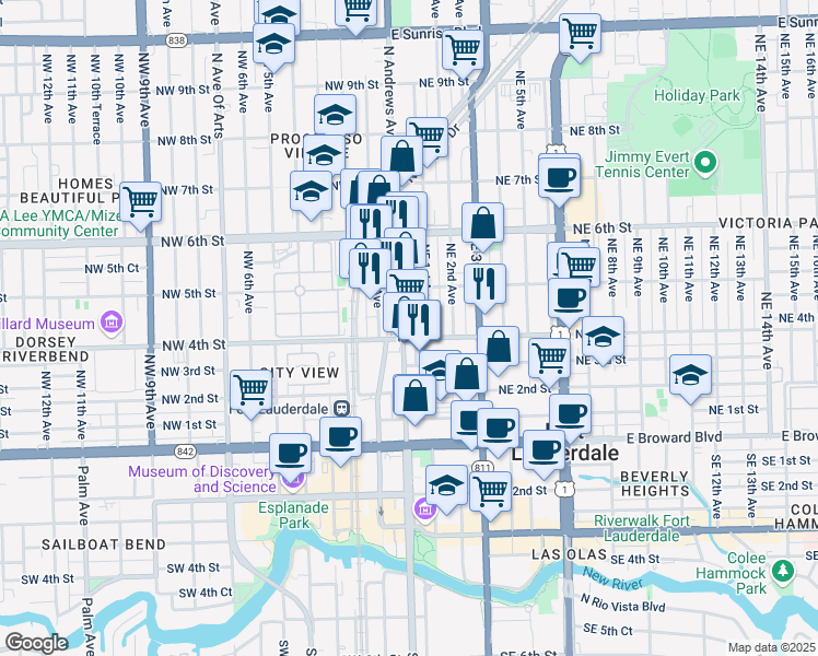 map of restaurants, bars, coffee shops, grocery stores, and more near 404 North Andrews Avenue in Fort Lauderdale