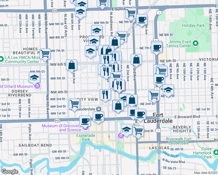 map of restaurants, bars, coffee shops, grocery stores, and more near 429 Northwest 1st Avenue in Fort Lauderdale