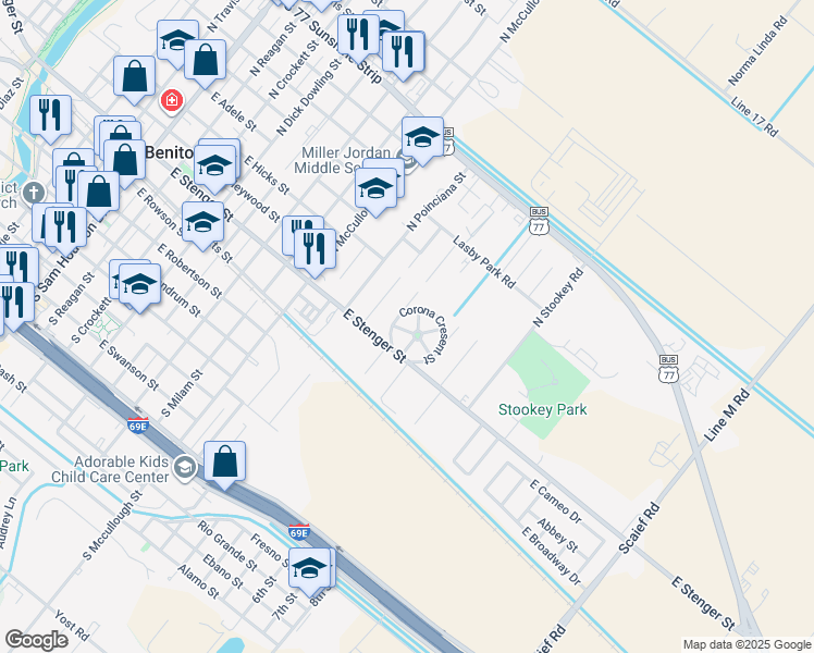 map of restaurants, bars, coffee shops, grocery stores, and more near 151 Corona Cresent Street in San Benito