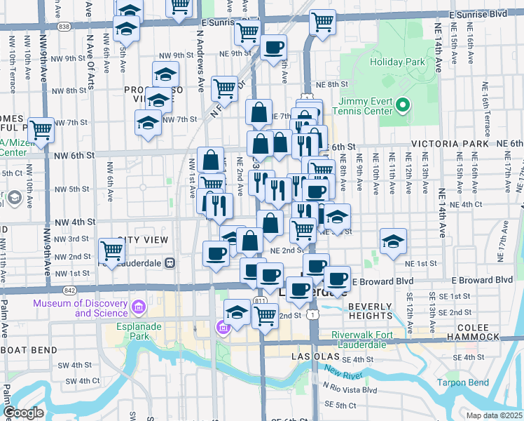 map of restaurants, bars, coffee shops, grocery stores, and more near 416 Northeast 3rd Street in Fort Lauderdale