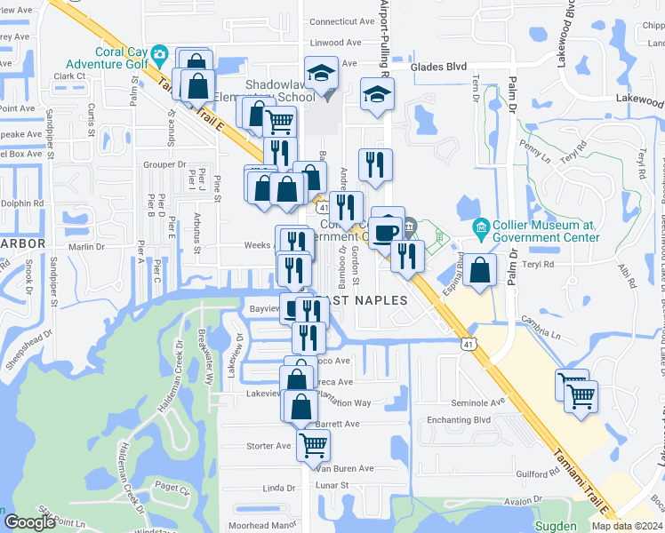 map of restaurants, bars, coffee shops, grocery stores, and more near 35 Mango Drive in Naples