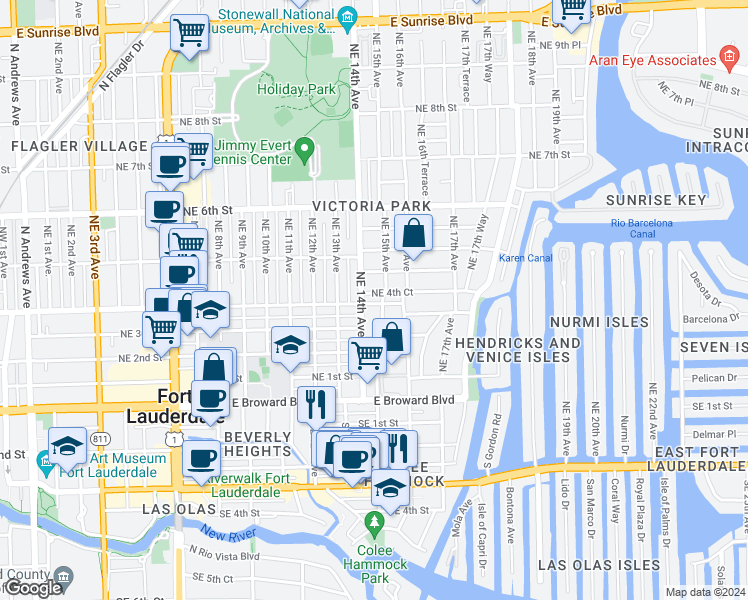 map of restaurants, bars, coffee shops, grocery stores, and more near 415 Northeast 15th Avenue in Fort Lauderdale