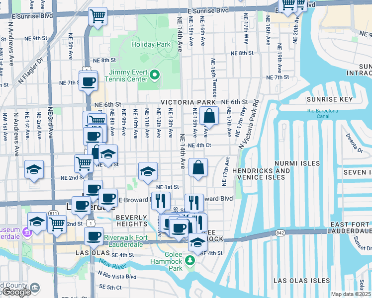 map of restaurants, bars, coffee shops, grocery stores, and more near 415 Northeast 15th Avenue in Fort Lauderdale