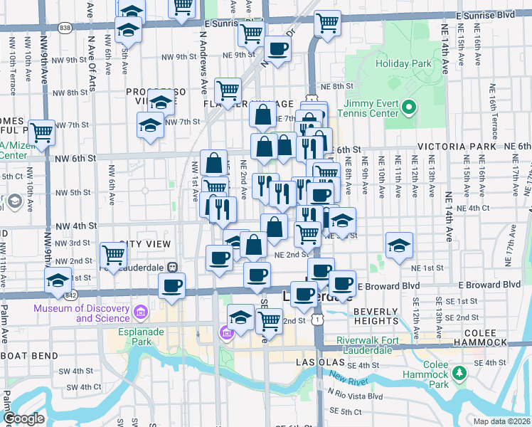 map of restaurants, bars, coffee shops, grocery stores, and more near 416 Northeast 3rd Street in Fort Lauderdale