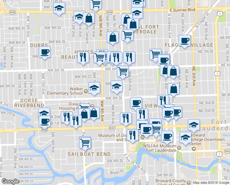 map of restaurants, bars, coffee shops, grocery stores, and more near 445 Northwest 8th Avenue in Fort Lauderdale