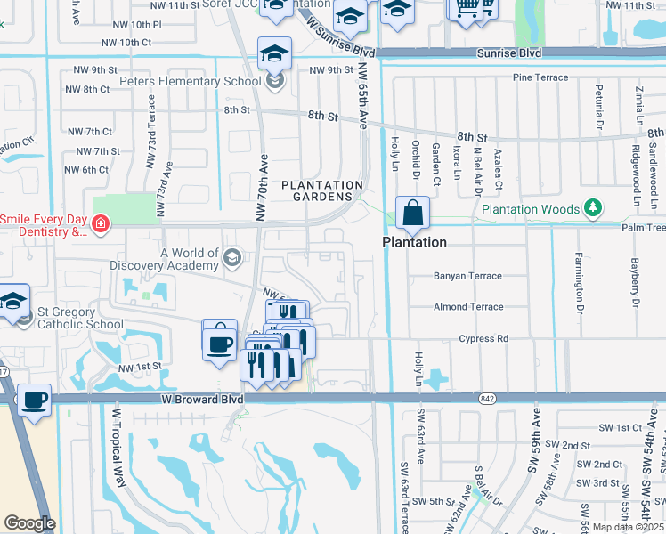 map of restaurants, bars, coffee shops, grocery stores, and more near 169 Northwest 68th Avenue in Plantation