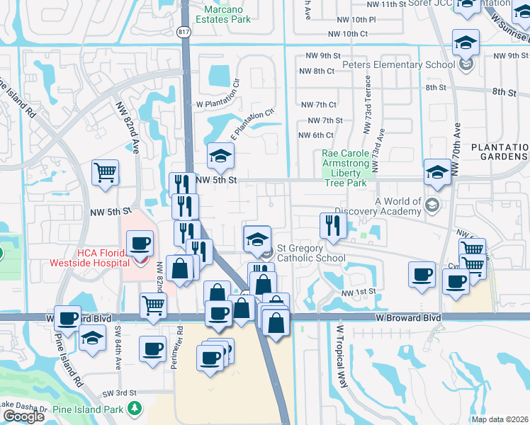 map of restaurants, bars, coffee shops, grocery stores, and more near 7624 Northwest 5th Street in Plantation