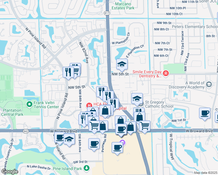 map of restaurants, bars, coffee shops, grocery stores, and more near 7981 Northwest 4th Street in Plantation