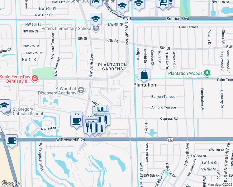 map of restaurants, bars, coffee shops, grocery stores, and more near 169 Northwest 68th Avenue in Plantation