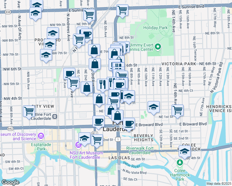 map of restaurants, bars, coffee shops, grocery stores, and more near 405 North Federal Highway in Fort Lauderdale