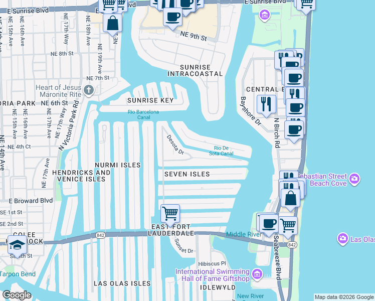 map of restaurants, bars, coffee shops, grocery stores, and more near 2406 Aqua Vista Boulevard in Fort Lauderdale