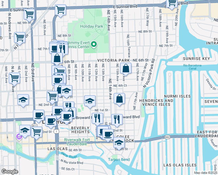 map of restaurants, bars, coffee shops, grocery stores, and more near 416 Northeast 13th Avenue in Fort Lauderdale