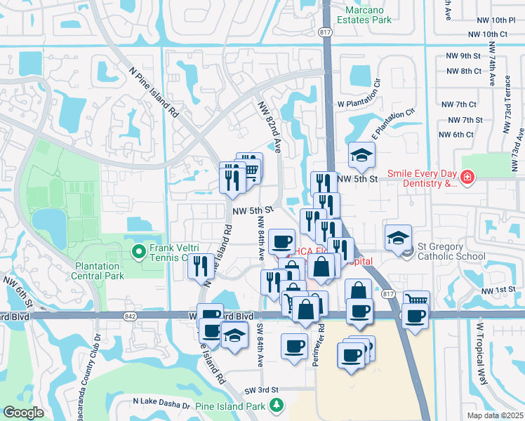 map of restaurants, bars, coffee shops, grocery stores, and more near American Express Way & NW 84th Ave in Plantation