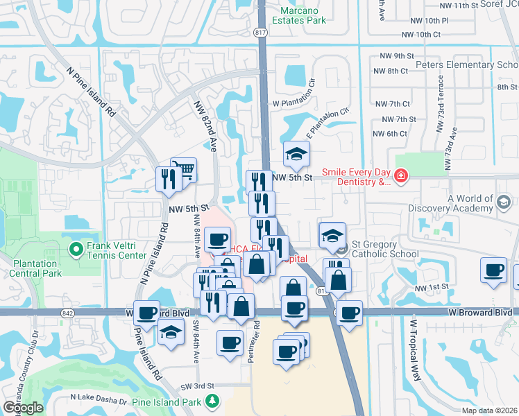map of restaurants, bars, coffee shops, grocery stores, and more near 413 North University Drive in Plantation