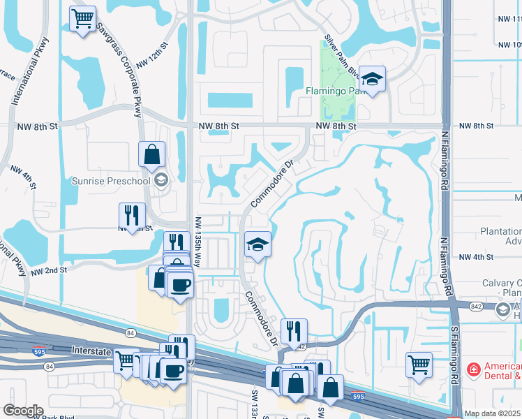 map of restaurants, bars, coffee shops, grocery stores, and more near 219 Northwest 132nd Terrace in Plantation