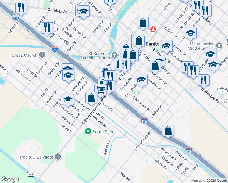 map of restaurants, bars, coffee shops, grocery stores, and more near 692 South Sam Houston Boulevard in San Benito