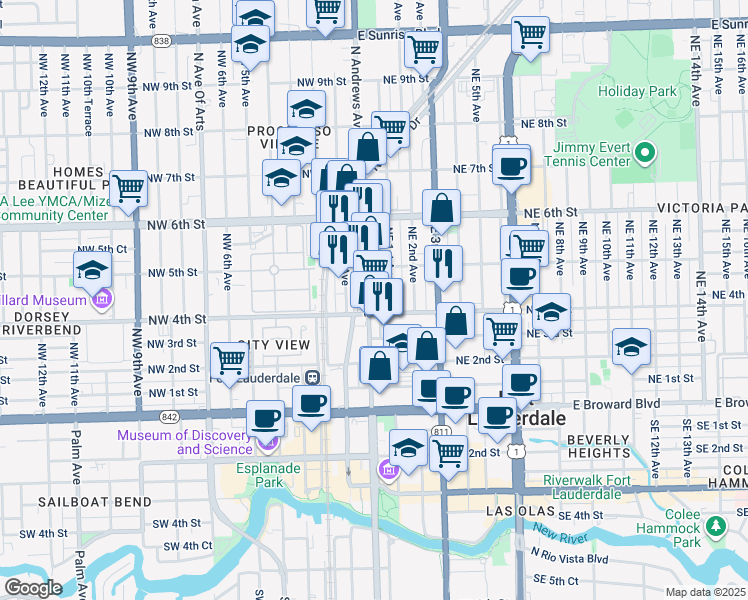map of restaurants, bars, coffee shops, grocery stores, and more near 404 North Andrews Avenue in Fort Lauderdale