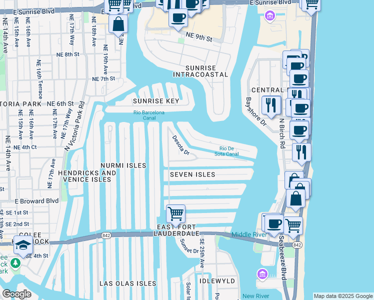 map of restaurants, bars, coffee shops, grocery stores, and more near 2406 Aqua Vista Boulevard in Fort Lauderdale