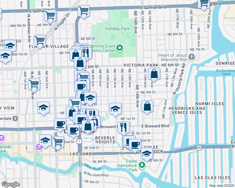 map of restaurants, bars, coffee shops, grocery stores, and more near 417 Northeast 12th Avenue in Fort Lauderdale